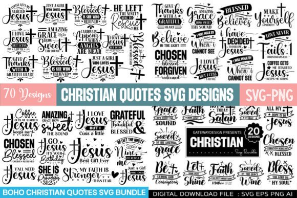 Boho Christian Quotes SVG Bundle, 70 Designs